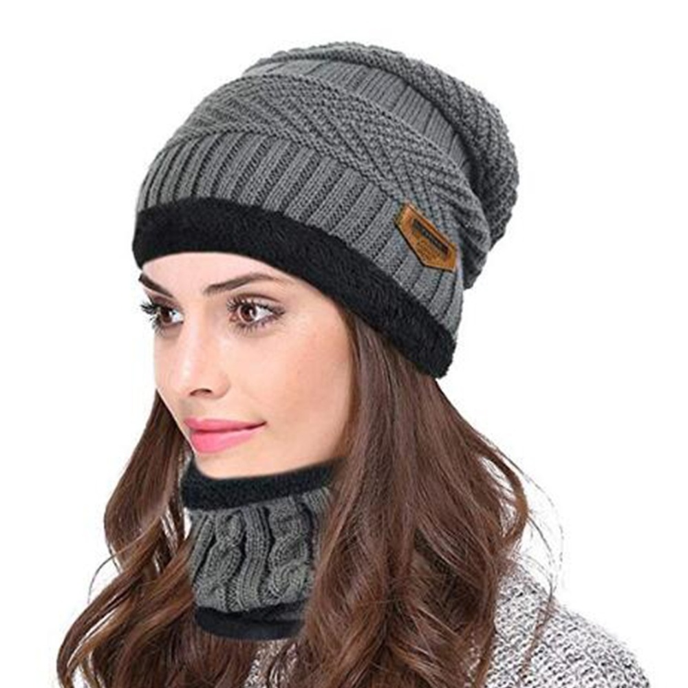 Winter Knit Skull Cap Woolen Beanie Hat Scarf Set